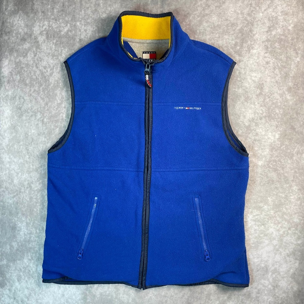 Y2K Tommy Hilfiger Mens Fleece Vest Royal Blue Full Zip Mock Neck Colorblock M